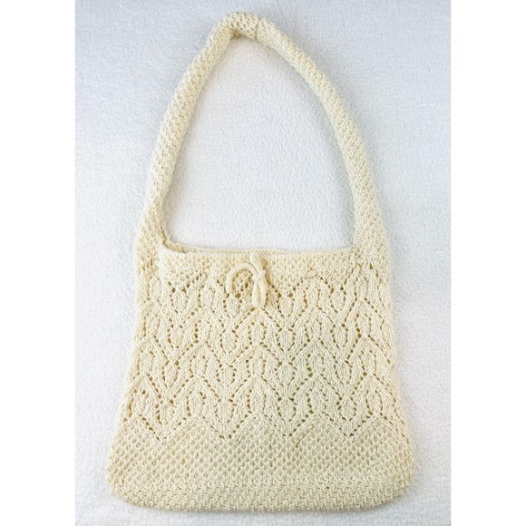 Handmade Cream Knitted Drawstring Crossbody Tote Bag - Picture 4 of 11